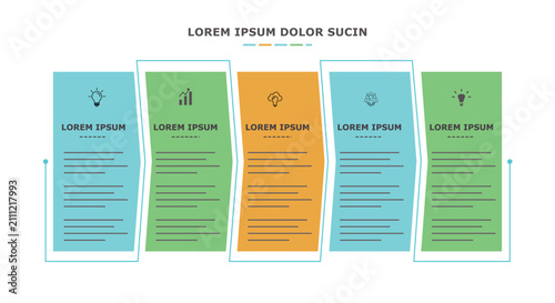 Flat vector business milestone infographic template showcasing five colorful rectangular process option boxes linked by a wavy line graphic