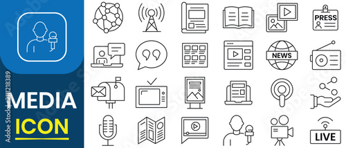 Media icons set. Social media thin line icon such as community, website, content, business marketing and social network. Vector illustration.