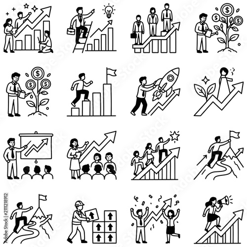 business growth and success line art icons depicting professionals achieving goals illustrating progress and teamwork.