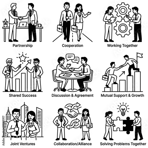 business partnership cooperation and teamwork concepts are displayed as vector illustrations of collaboration and shared success.