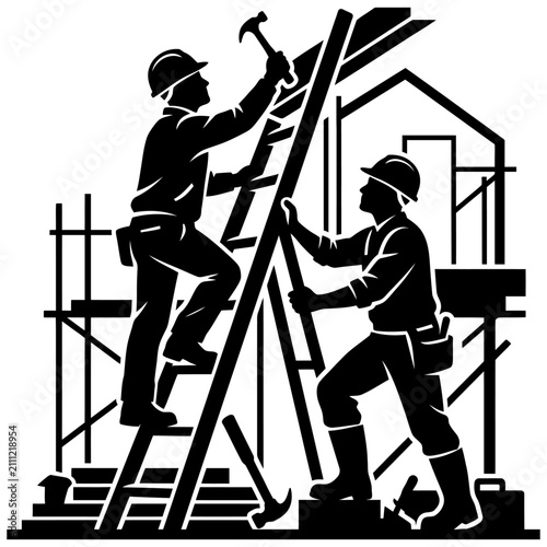 construction builders working on a house frame at a building site demonstrating teamwork and progress in the industry.