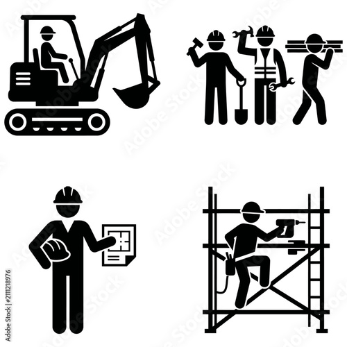 construction building and engineering workers performing diverse roles from architect planning to excavator operation and on-site labor.