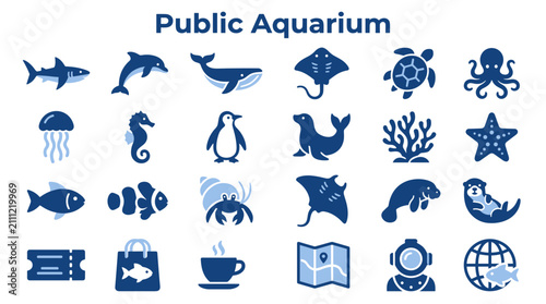 Photography Set of marine animal icons for public aquarium and ocean life collection