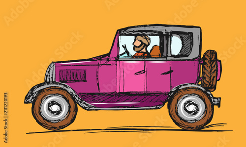 Retro car driving down the road. Doodle, squiggle, rough sketch. Vector illustration