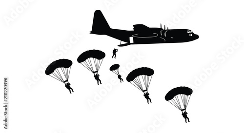 Fotografie Silhouette of an airplane and parachutists descending a black vector illustratio