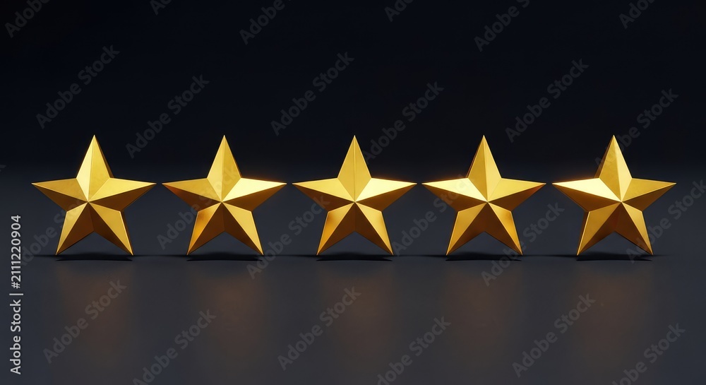 Fototapeta premium A set of five gleaming golden stars arranged in a horizontal row on a clean, dark surface, symbolizing excellence and top quality service, icon, elite, design