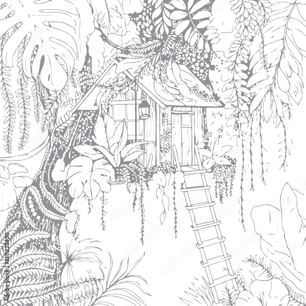 Fototapeta premium Tropical Treehouse Coloring Page Line Art Illustration. Botanical Jungle Tree House Outline Graphic.