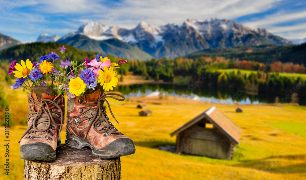 Obraz premium Ein Paar Wanderstiefel gefüllt mit einem Strauß Blumen, steht auf einer Almwiese vor dem Bergpanorama des Karwendelgebirges - FOTOMONTAGE