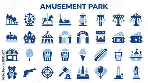 Quadro su tela Set of amusement park icons featuring carnival rides food games and entertainmen