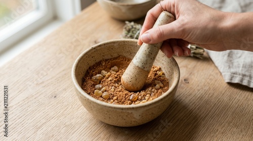 A hand grinds spices in a ceramic mortar with a pestle on a wooden table.