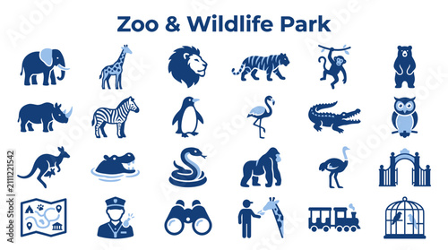 Photography Set of zoo and wildlife park icons featuring various wild animals and visitor at