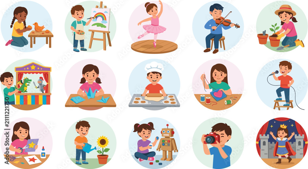 Fototapeta premium Kids Creative Hobby Activities Collection with Art Music Gardening Cooking and Learning Illustrations