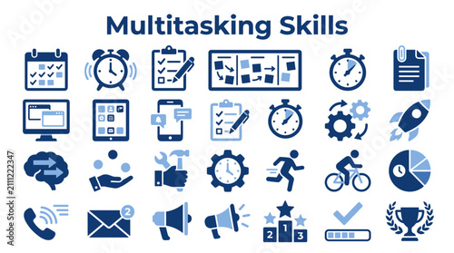 Set of professional multitasking and productivity icons representing business management time planning and efficient workflow communication strategies