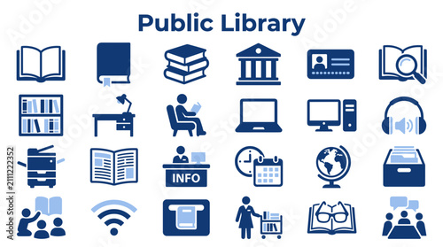 Obraz na plátně Set of public library icons featuring books computers information desk reading a