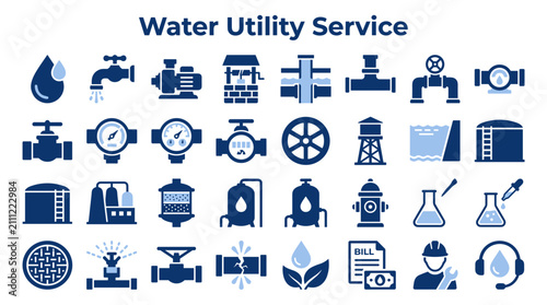 Bild auf Leinwand Set of water utility service icons representing plumbing infrastructure treatmen