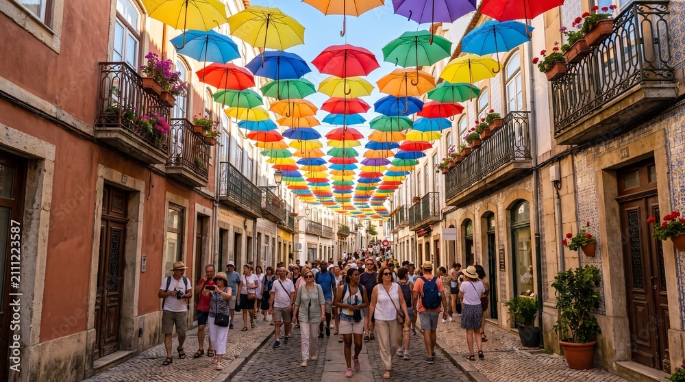 Fototapeta premium Tourists walking along a narrow cobblestone European street decorated with a colorful canopy of floating umbrellas under a clear blue sky