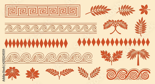 ancient greek decorative borders featuring classical greek patterns meander wave and leaf motifs perfect for ornamental vector design elements.