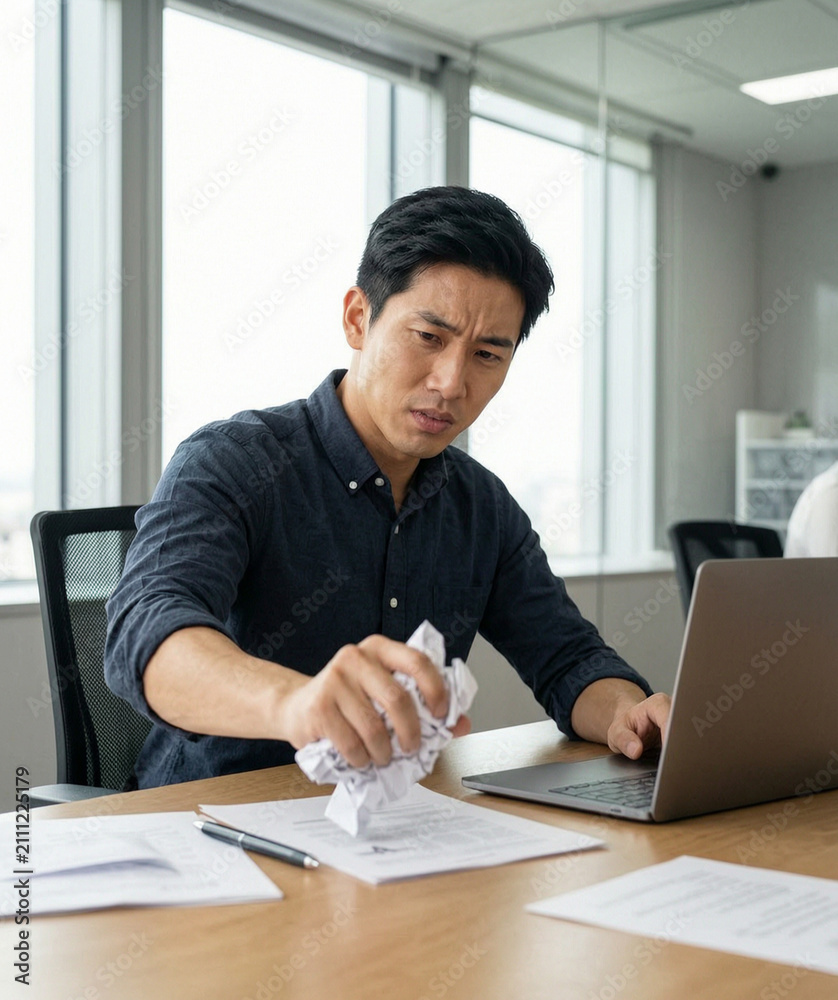 Fototapeta premium Frustrated Businessman Crumpling Paper at Office Desk During Work