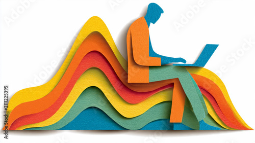 Person Sitting with Laptop on Colorful Layered Seating Abstract Design in Office Environment