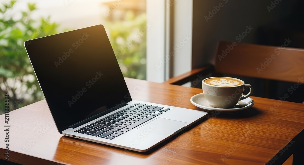 Fototapeta premium A portable computer sits on a wooden table next to a ceramic cup of latte in a cozy, sunlit cafe interior with soft blurred greenery, beverage, digital, remote