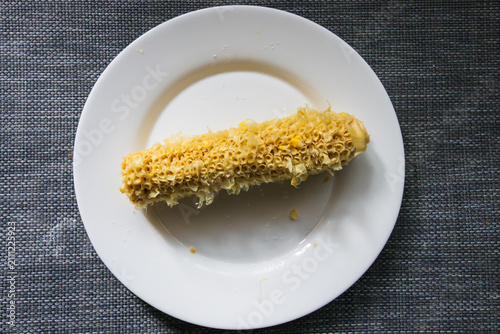 Fotografie A cob of sweetcorn on a white table