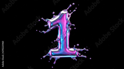 Shiny number one splashes with vibrant color against black background