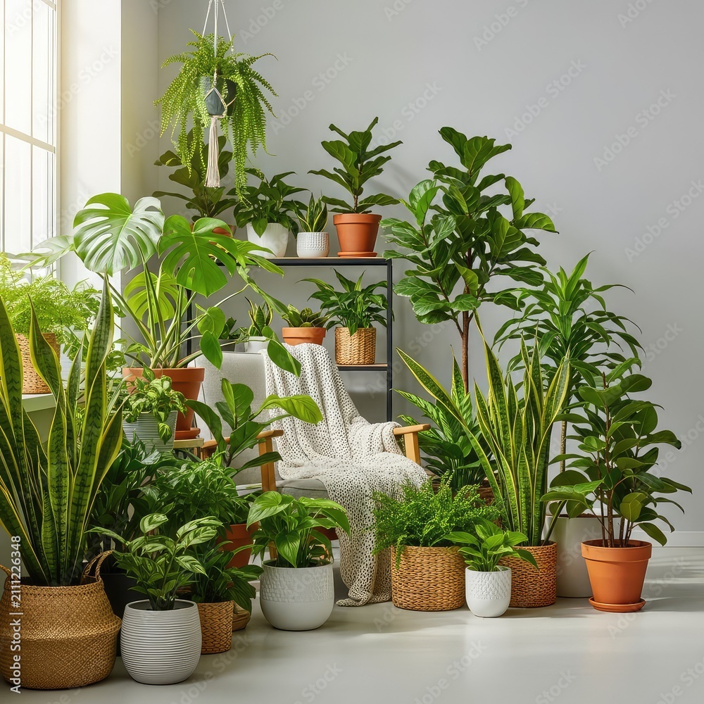 Fototapeta premium A vibrant indoor sanctuary filled with an abundance of lush green potted plants, creating a serene and cozy botanical oasis within a home, plants, lush, greenery