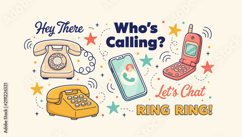 Vintage telephones and modern smartphones illustration with playful text and decorative elements telephone landline rotary phone retro smartphone