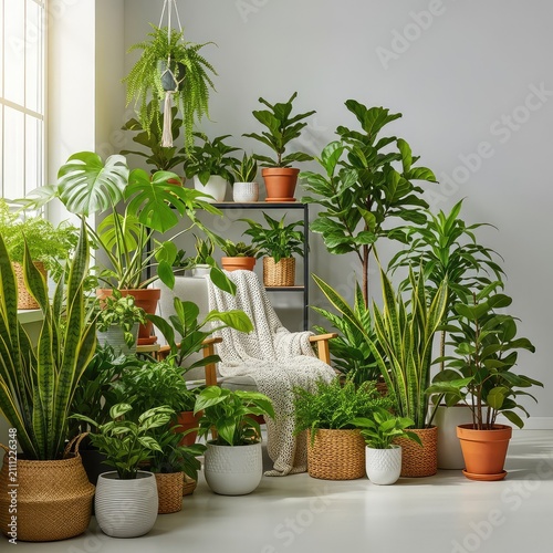 A vibrant indoor sanctuary filled with an abundance of lush green potted plants, creating a serene and cozy botanical oasis within a home, plants, lush, greenery