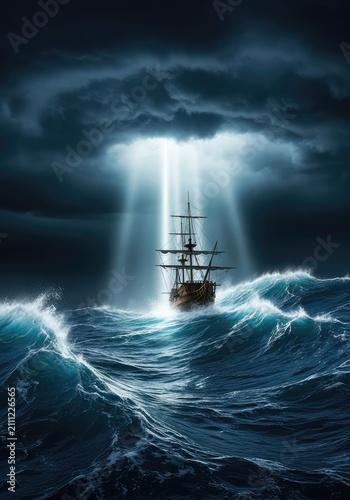 A wooden vessel tosses on massive waves during a dark, stormy night as a single beam of light breaks through heavy clouds to calm the sea, waves, dark, spray