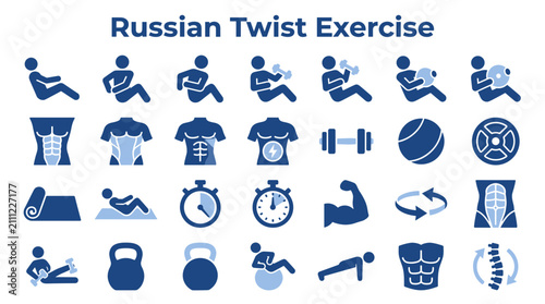 Canvastavla Russian Twist Exercise Icons Set for Core Workout and Abdominal Training