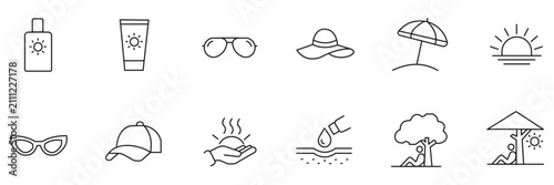 Obraz na płótnie Sun protection line icon set including sunscreen, sunglasses, sun hat, umbrella,