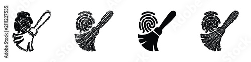Collection of stylized icons depicting a brush cleaning a fingerprint, symbolizing data privacy, forensic investigation, or digital hygiene