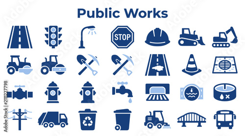 Set of flat blue public works and infrastructure service icons representing construction utilities transportation and municipal maintenance services