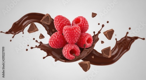 Fresh red raspberries paired with dynamic splashes of dark liquid chocolate and broken cocoa pieces, captured in a high-speed studio shot, dark, ingredient, snack