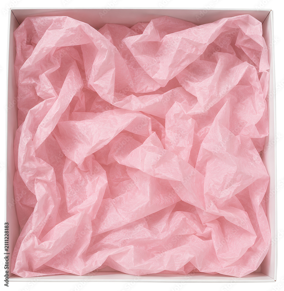 Fototapeta premium Realistic gift box filled with crumpled pink tissue paper isolated on transparent background. Premium quality packaging mockup featuring decorative tissue paper for gift wrapping, product presentation