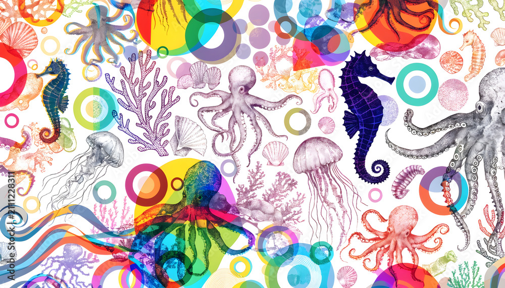 Obraz premium Colorful abstract underwater pattern filled with octopuses, seahorses, and jellyfish sketches. Creative aquatic marine life print concept. Hand drawn sea creatures moving across a vivid canvas