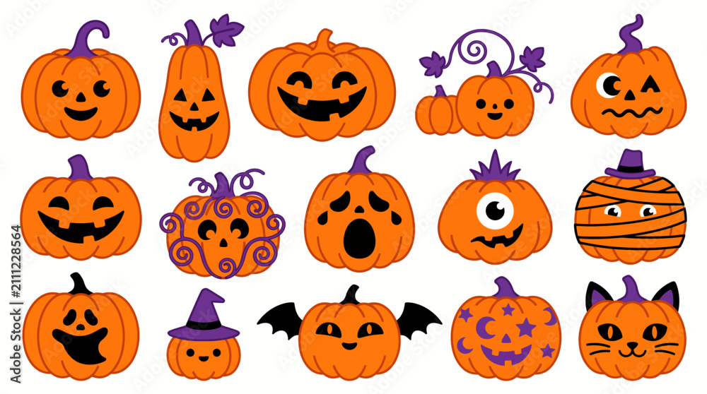 Obraz premium Halloween pumpkin jack o lantern icons, cute orange and purple autumn vegetable characters, set of 15 spooky holiday vector elements isolated on White Background