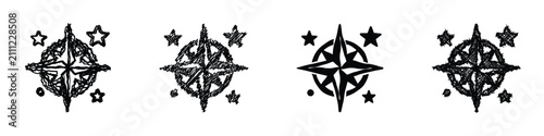 A collection of four stylized compass rose icons, each featuring stars and dots, rendered in a sketchy black and white artistic style