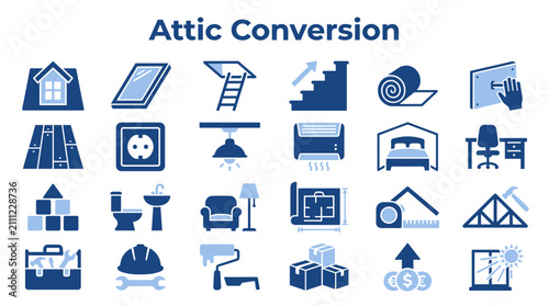 Set of attic conversion icons featuring home renovation construction tools and interior design elements for remodeling projects