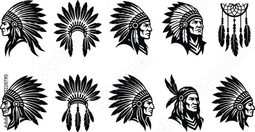 Cuadro en lienzo Set of native american chief head profile silhouettes featuring detailed feather