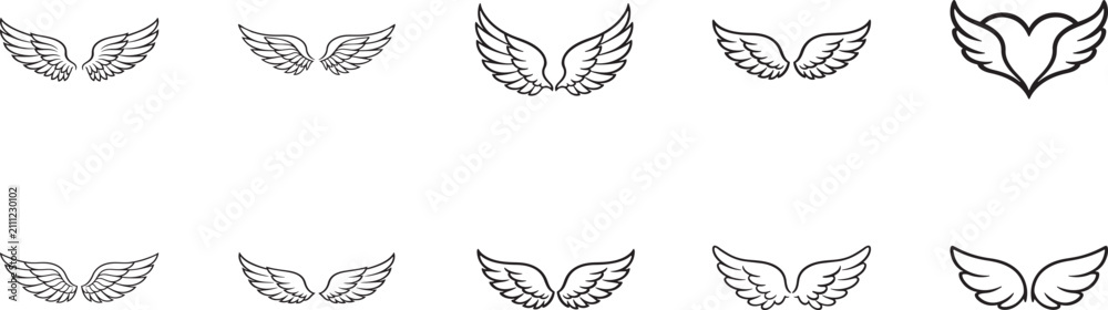 Fototapeta premium Cute angel wings outline silhouette vector icon set, clean line art, editable EPS, isolated on white background.