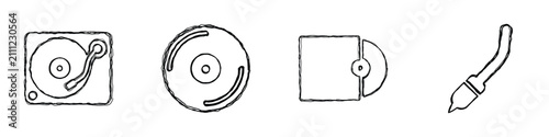 Canvas Print A set of hand-drawn line art icons representing a turntable, vinyl record, CD ca