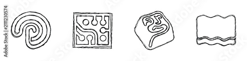 Konstfotografi A set of four distinct hand-drawn line art designs featuring mazes, labyrinths,