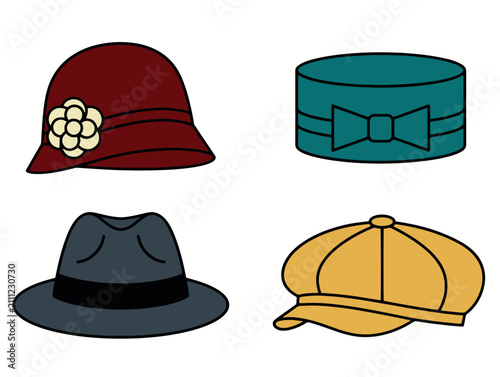Cuadro en lienzo Four stylish hats cloche pillbox fedora and newsboy cap arranged in grid showcas