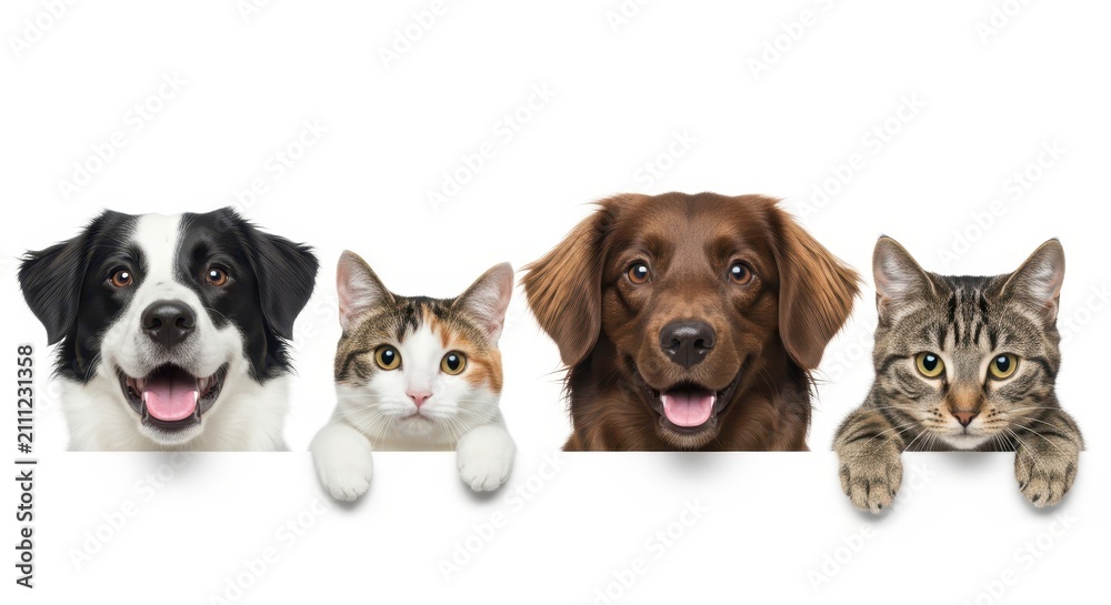 Naklejka premium Group of Happy Dogs and Cats Peeking Over a White Banner Isolated on White Background