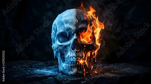 Half-burning skull with flames engulfing one side, creating a dramatic and intense horror visual.