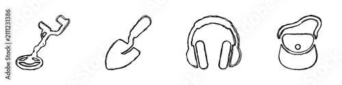 Foto A set of four simple line art icons depicting a metal detector, a small shovel,