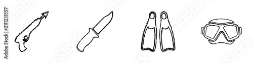 A collection of essential equipment for spearfishing, including a mask, fins, knife, and speargun, presented as simple line drawings