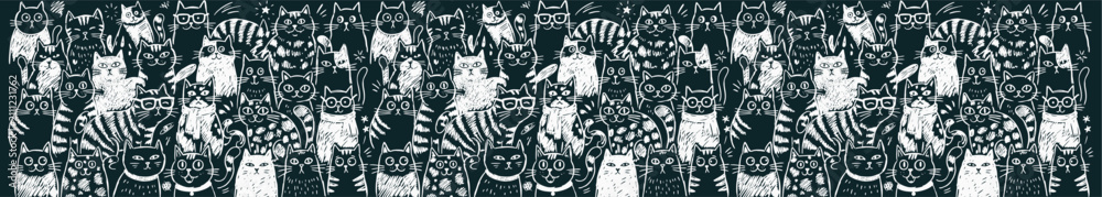 Fototapeta premium Cat Seamless Pattern Vector Banner Hand Drawn Kitten Line Art Doodle Illustration Feline Face Border Dark Background